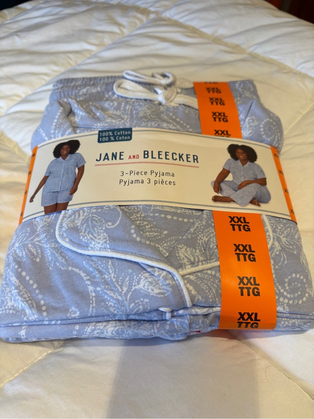 Jane and Bleecker Light Blue Cotton 3-Piece Pajama Set, White piping& Drawstring